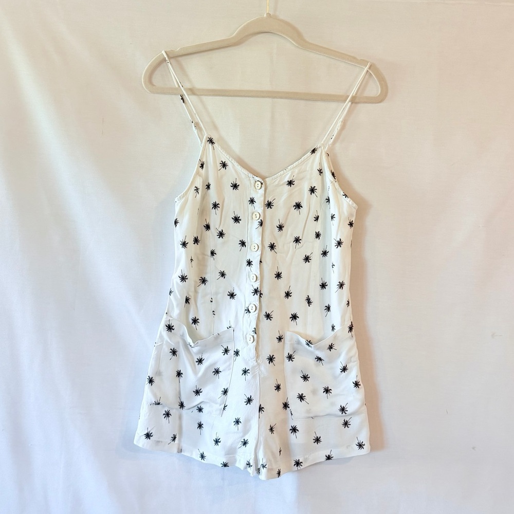 ILLA ILLA White Mini Romper with Black Palm Tree Pattern and Pockets